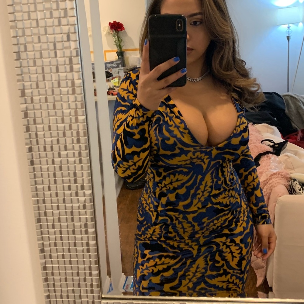 Midi Navy & Mustard Mesh/Velvet midi dress